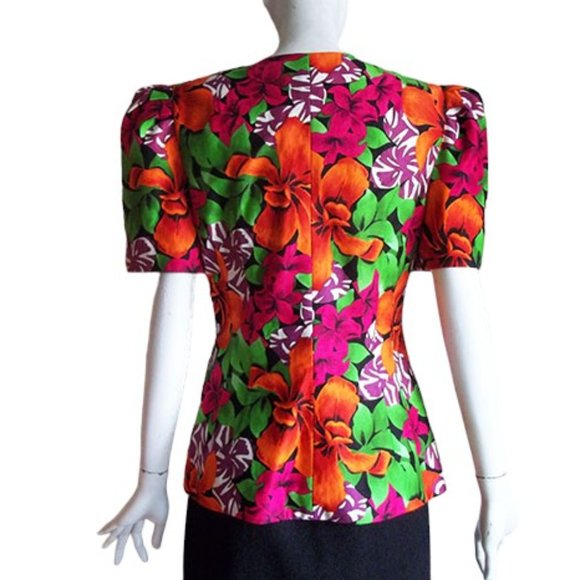 Vtg 80s Tropical Floral Curvy Cut Strong Shoulder Cotton Wrap Statement Top M - Picture 2 of 11